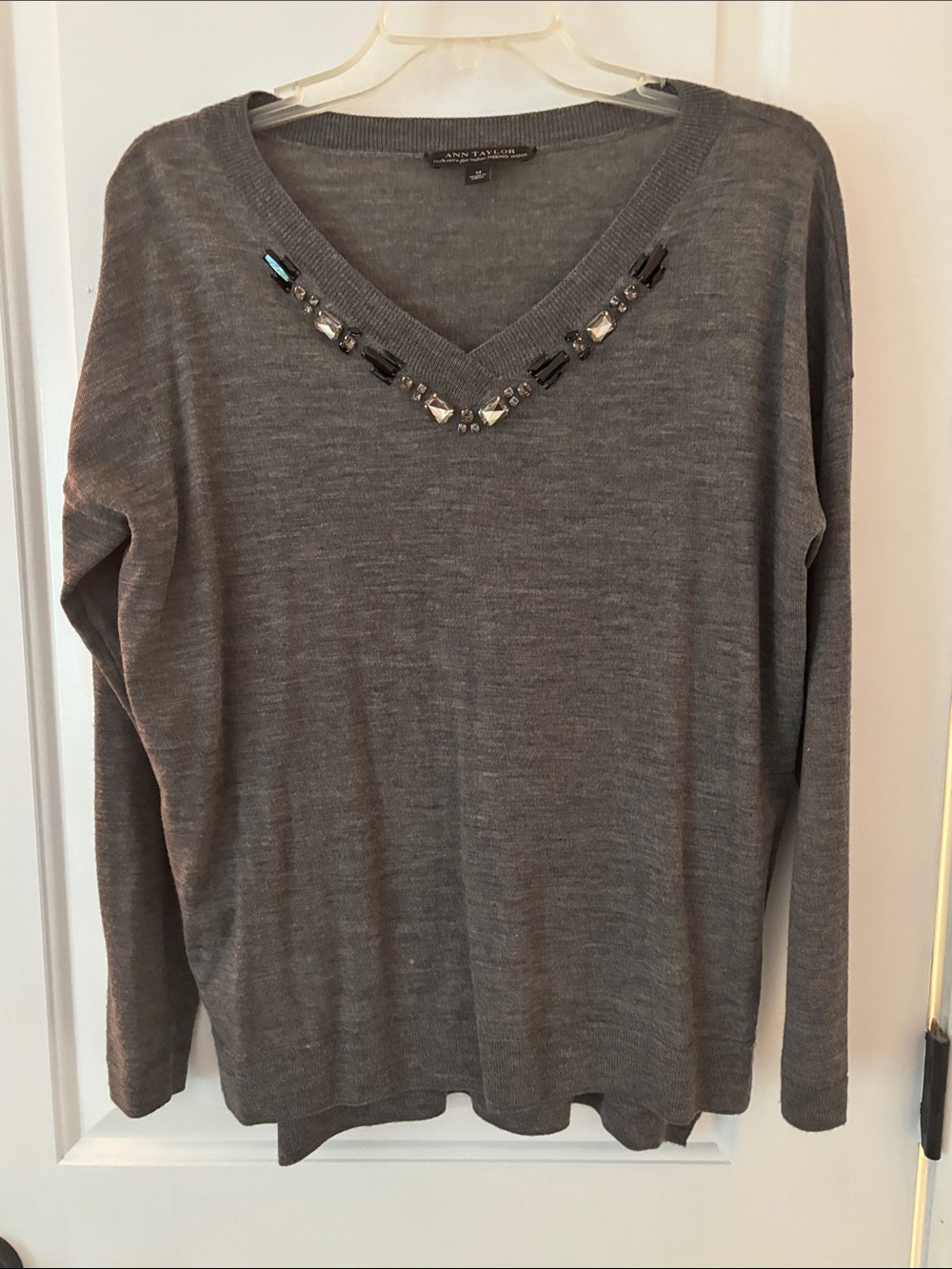 Ann Taylor Gray V-Neck Sweater with Beaded Neckline